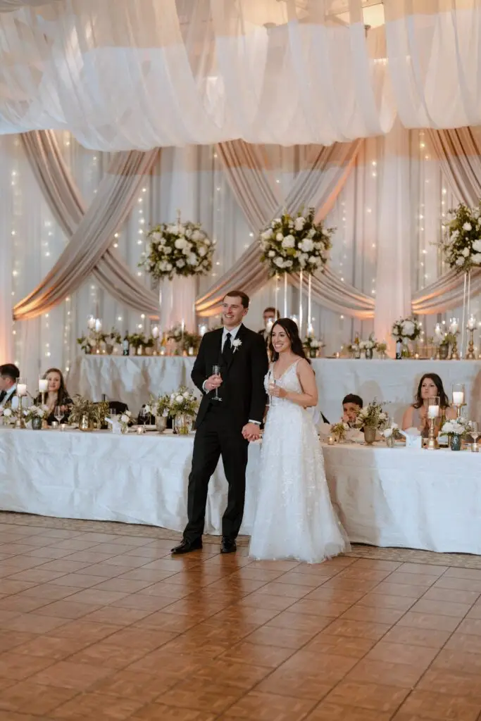 Reception tables styled with elegant floral centerpieces